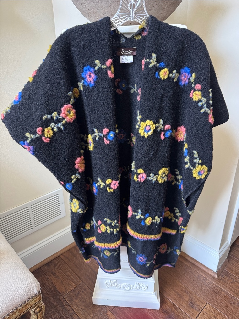 Black Floral Embroidered Wool Poncho Wrap One Size